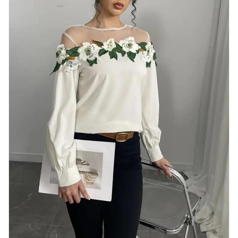 Spring New Shirt Women's Heavy Industry Mesh Splicing Satin Embroidered Top