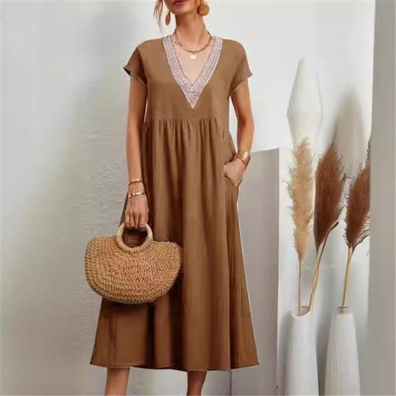 European And American Style Ladies Summer New Product Lace V-neck Loose Cotton And Linen Pocket Dress