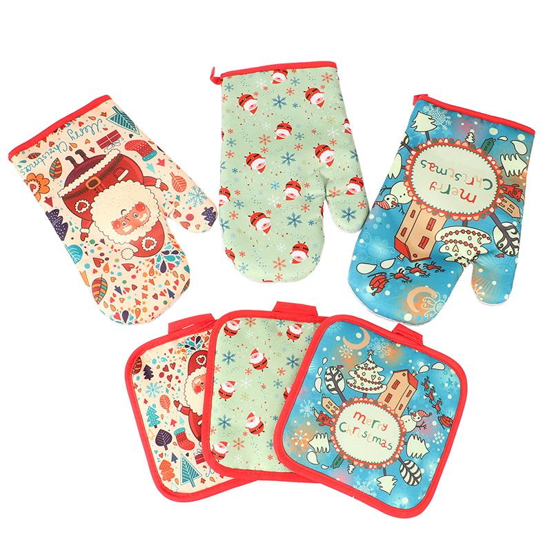 1Set Christmas Oven Gloves Pot Holders Set Santa Claus Snowflake Candy Pattern Insulated Oven Mitts Home Kitchen Christmas Decor