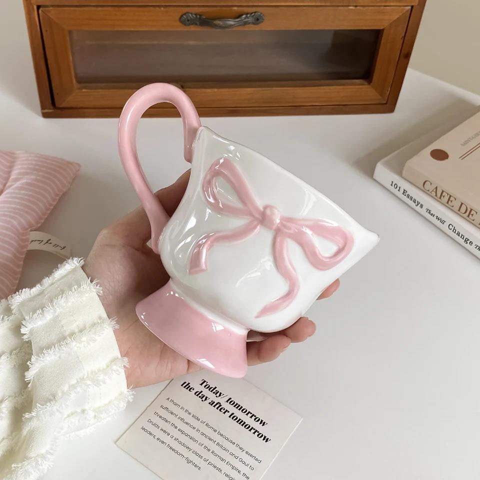 1Pc 350ml Ceramic Embossed Bow Mug Hand-Pinched Pattern Simple Morandi Color Tall Design for Coffee Oatmeal Yogurt-Holiday Gift