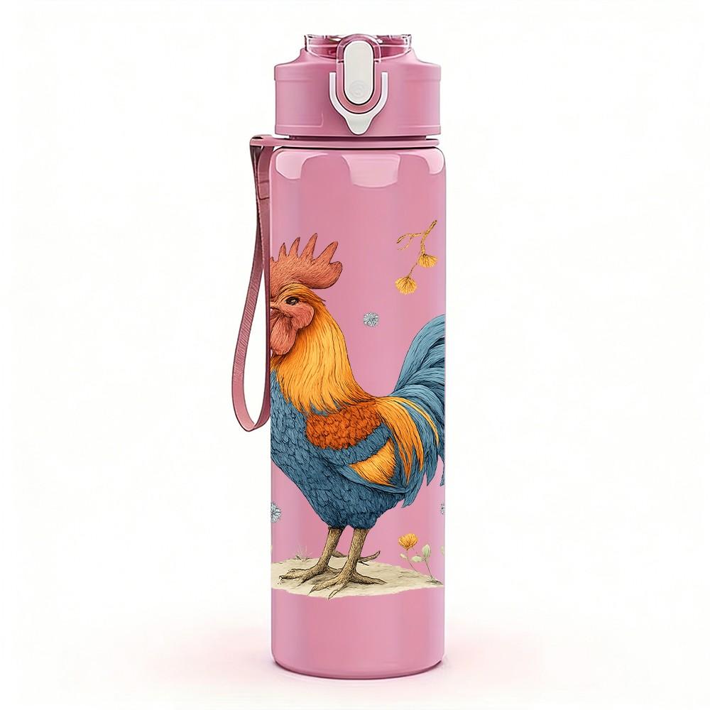 1PC Rooster Wild Flower Watercolor 750ml Color Plastic Sports Water Bottle Leakproof Flip Straw Lid For Sports Office Home Use