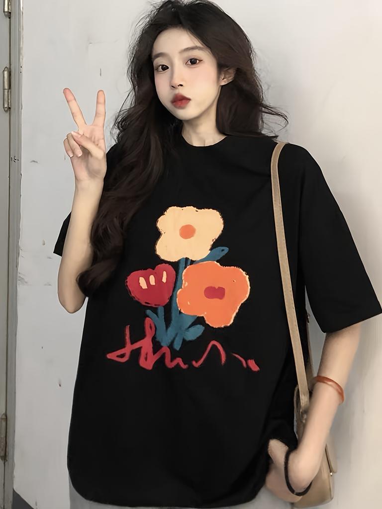 Korean-style Chic Harajuku-inspired Youthful Short-sleeve Women's Summer Floral Print Trendy Oversized Versatile Niche Design Top