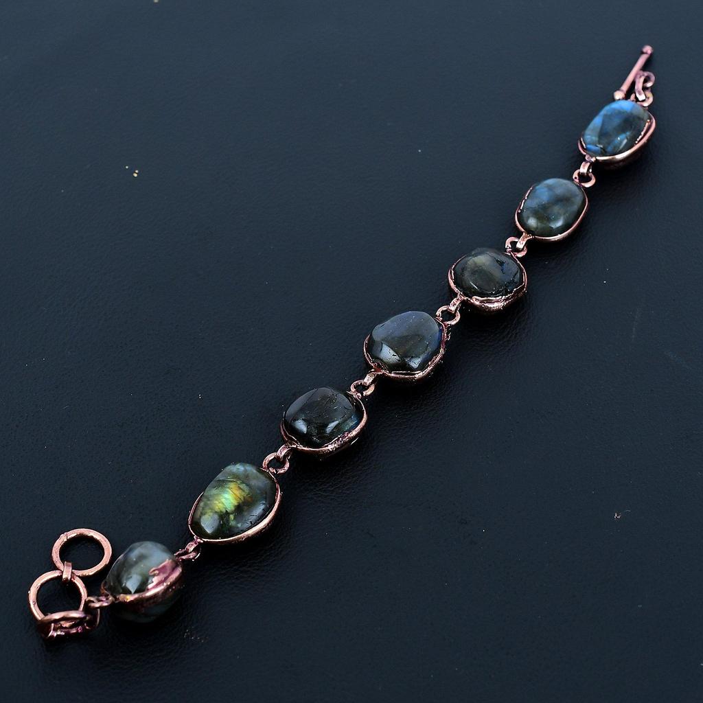Labradorite Bracelet Handmade Jewelry, Copper Electroformed Bracelet Designer Gemstone Jewelry Adjustable Chain Bracelet Gift For Mom