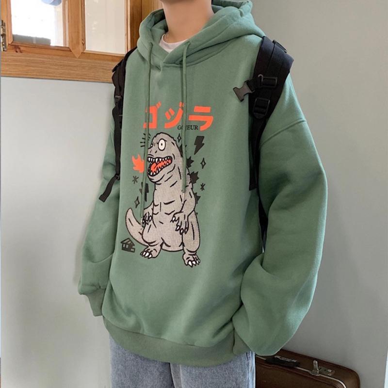 Man Woman Oversize Hoodie Spring Autumn Loose Cartoon Dinosaur Printing Pattern Drawstring Hoodie