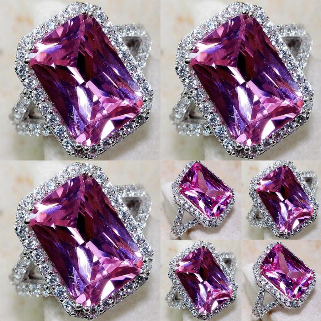 Elegant Pink Sapphire White Topaz Silver Plated Ring With Square Red Corundum