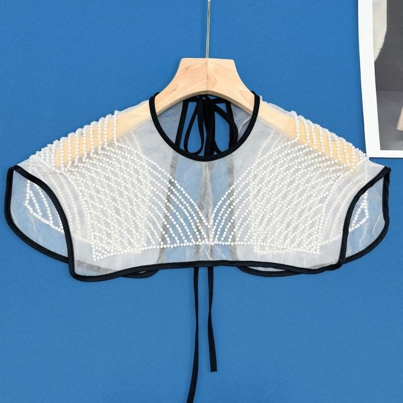 Japanese Women Girl Fake Collar Shawl Scarf Faux Pearls Beading Vintage Shoulder Wrap Sheer Organza Half Shirt Poncho