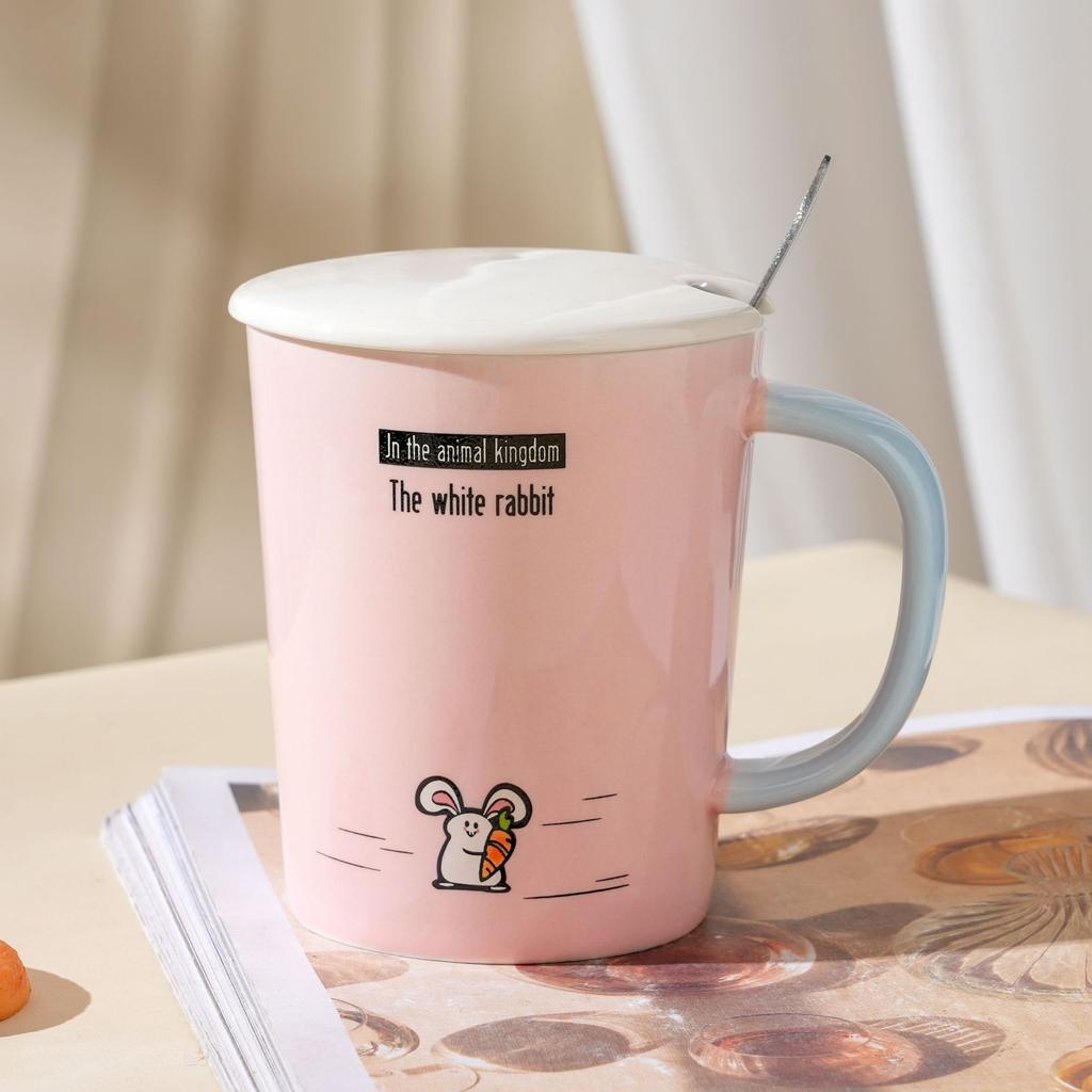 Cute Animal with Cover Spoon Ceramic Cup Student Cartoon Mug High Appearance Large Capacity Water Cup High Temperature Resistance