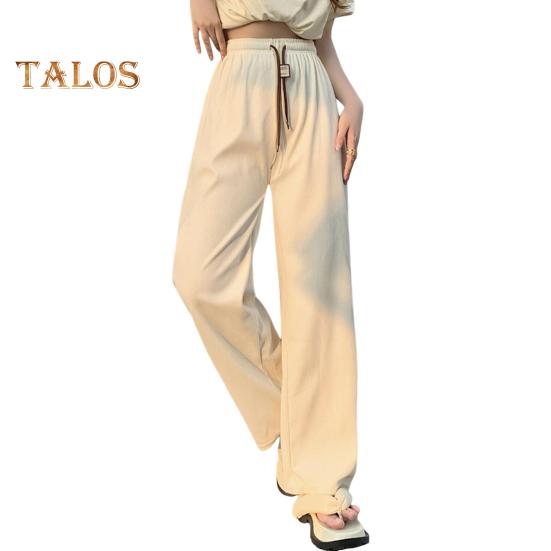 Pantaloni pentru femei cu talie înaltă elastică, cu șnur ajustabil, pantaloni lungi, culoare uni, drepte, cu picior lat, pantaloni ocazionali, ținute zilnice