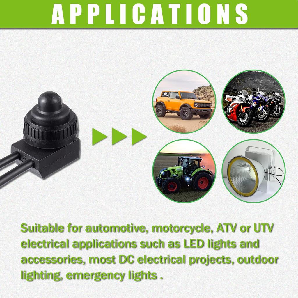 KP-107 Waterproof Push Button Switch 12V ON/Off SPST Switch with 4.5''Lines for Motorcycle/Car(Pack of 2pcs,Black)