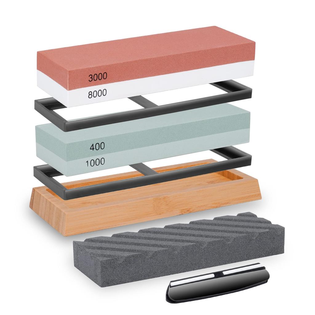 Snowon Whetstone Knife Sharpening Rough Medium Finishing Bamboo Whetstone Fixed Angle Ideal for Survival Japanese and Scissors Set, Double-Sided