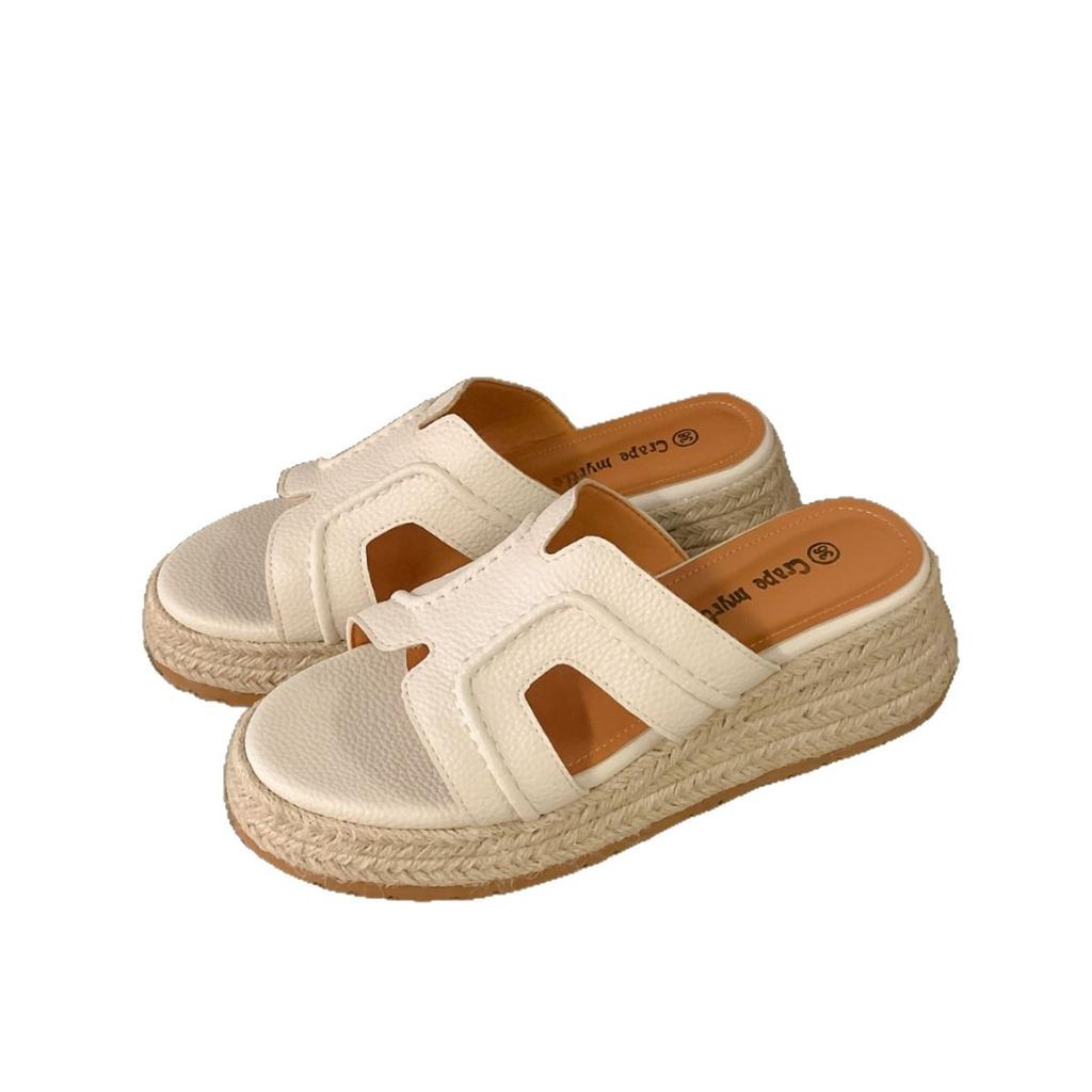 Grape Mom's new summer models increase in height by 6cm~ Literary and retro one-word thick-bottomed wedges woven cool slippers for women's summer wear