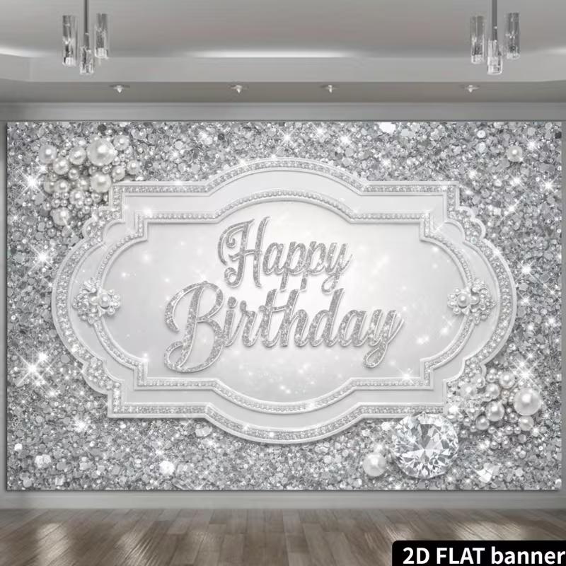 2D Silver Glitter Diamond Happy Birthday Backdrop Banner Party Photography Background