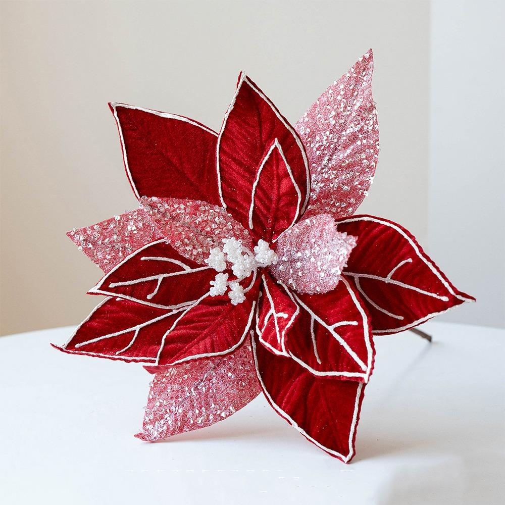 Glitter Powder Artificial Poinsettia Pick Colorful Christmas Decor Flower Christmas Tree