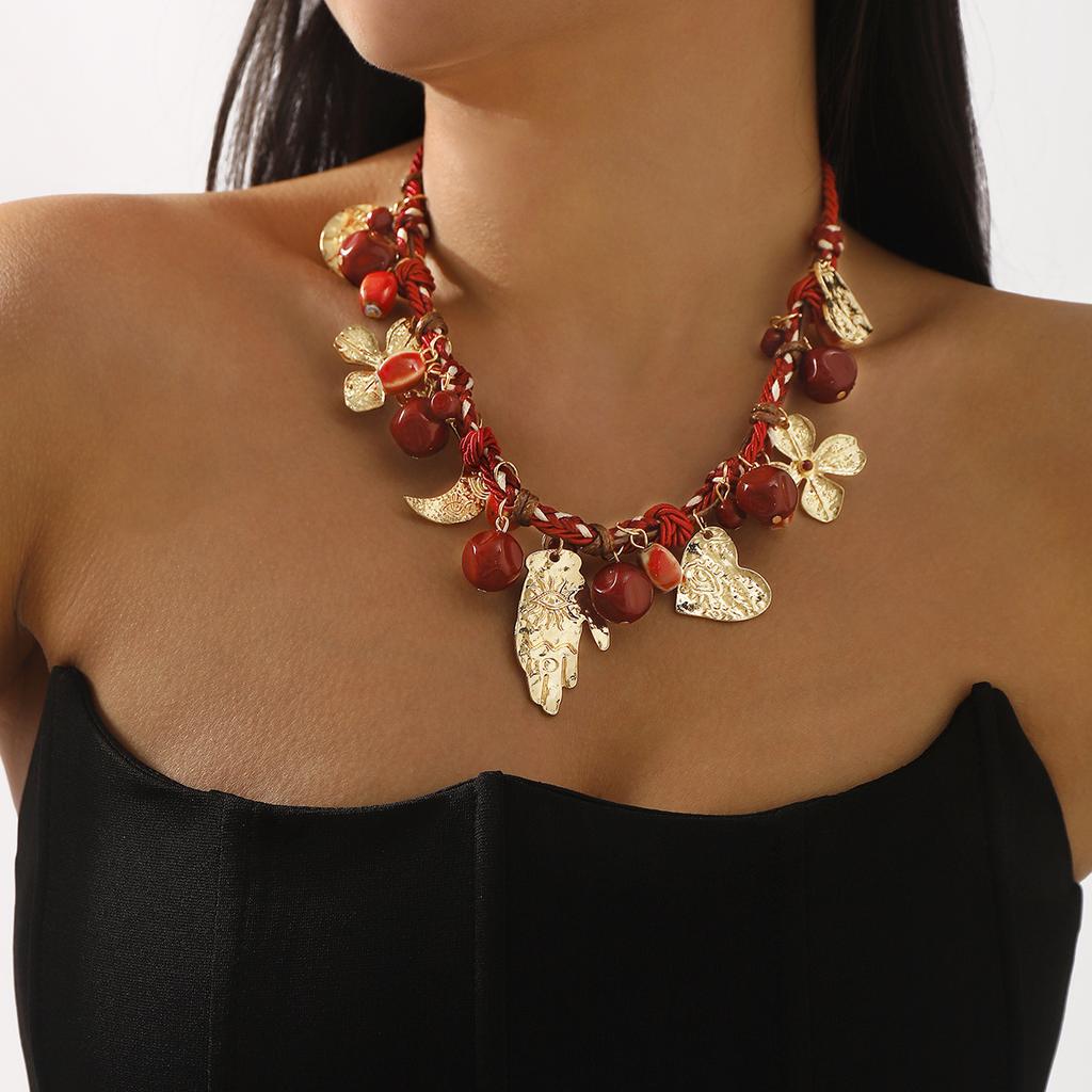Red Rope Braided Chain Flower Moon Heart Palm Pendant Necklace Bohemia Jewelry Accessory