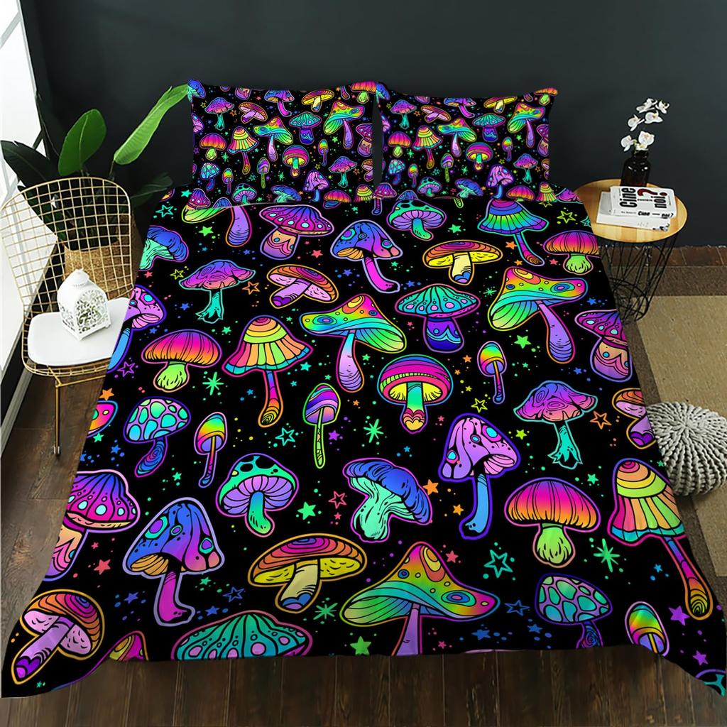 Fantasy-Pilz-Bettwäsche-Sets für Kinder Queen Leichte Steppdeckenbezüge Buntes Natürliches Wildpilz-Bettwäsche-Set Schlafzimmerdekoration