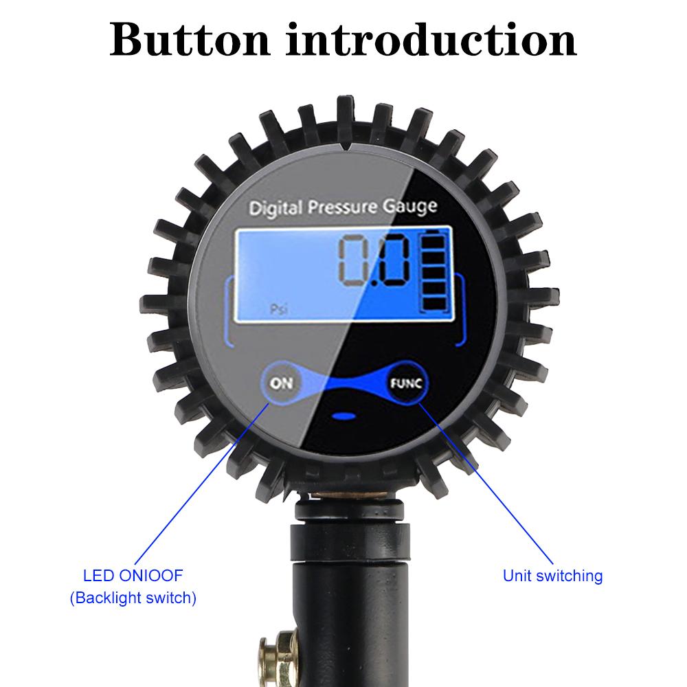 Universal Tire Pressure Inflator Gauge Aluminum Alloy Inflation Monitoring Manometer Air Line Clip-on Tyre Pump LCD Digital
