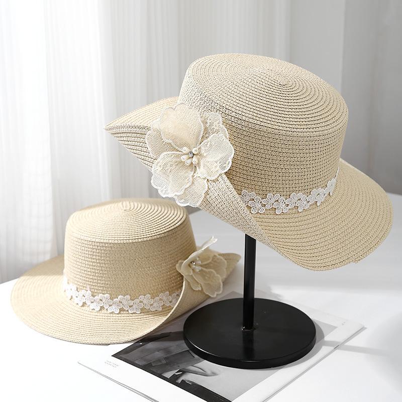 Fashion lace flower curled straw hat women's summer seaside woven hat seaside vacation visor beach sun hat