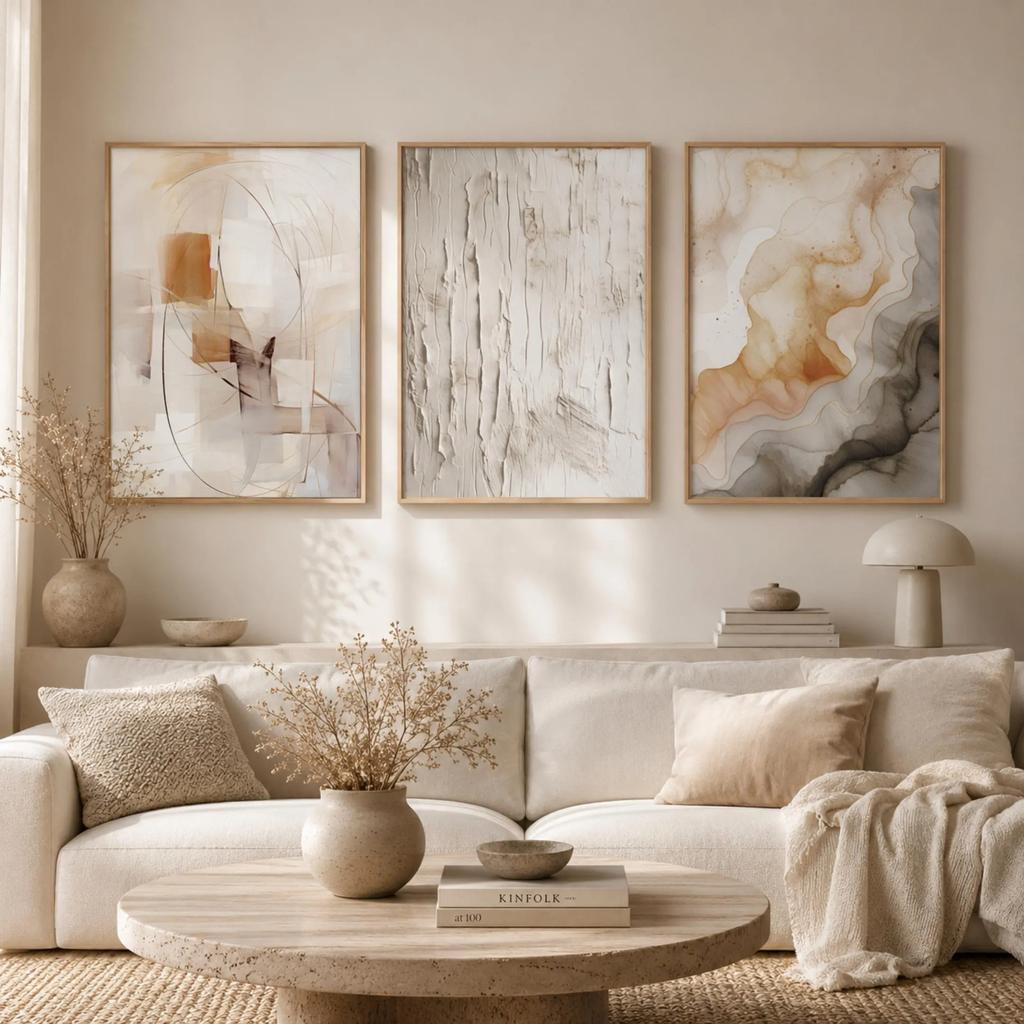 Set di 3 Stampe Astratte da Parete Beige Neutro, Stampe ad Acquerello Texturizzate Wabi Sabi, Poster Minimalisti per Soggiorno Decorazioni per la Casa