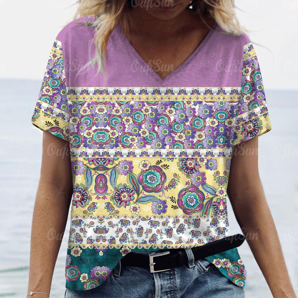 Vintage Damen T-Shirt Ethnischer Blumendruck Übergroße Bluse Damen Trendige Kleidung Mode Kurzarmshirt Damen V-Ausschnitt Hund