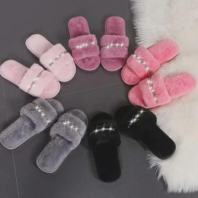 Rihanna 2024 Herfst/Winter Bont Platte Hak Slippers: Modieuze Pluche Pantoffels met Strassketting voor Dames