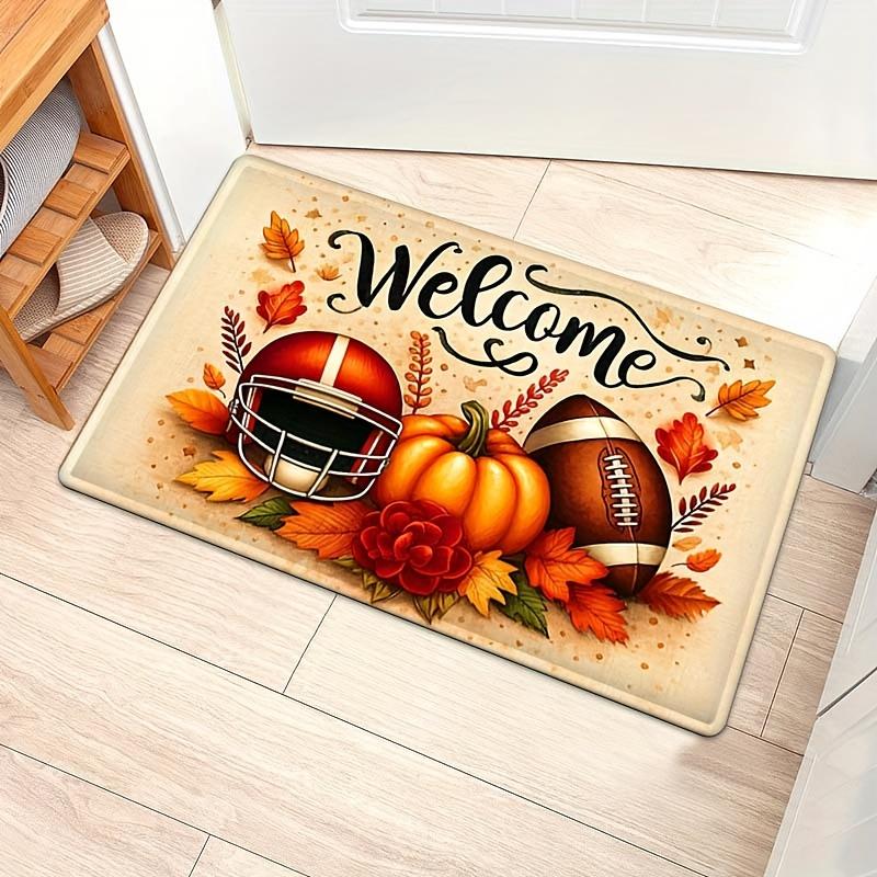 Thanksgiving Football Pumpkin Doormat, Autumn Leaves Design Non-Slip Rug, Medium Pile Polyester Mat for Seasonal Home Decor