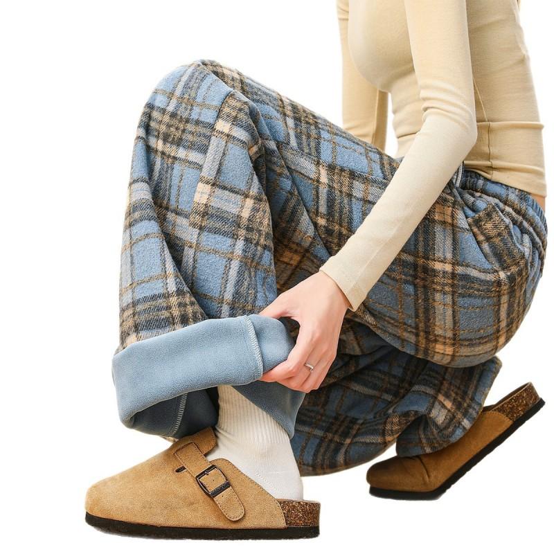 Men Women Winter Warm Fleece Lined Plaid Casual Pants Elastic Waist Drawstring Straight Leg Wide Trousers