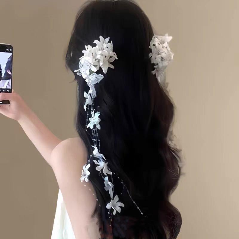 1Pc New Chinese Super Fairy Atmosphere Feeling Flower Tassel Hair Clip Female Light Luxury Premium Feeling Niche Side Clip