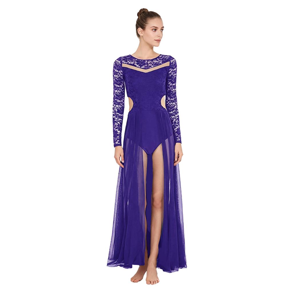 Damen Patchwork Floral Spitze Lyrisches Tanzkleid Langarm Taille Seiten Ausgeschnitten Rückenfrei Fließendes Netz Performance-Kleid