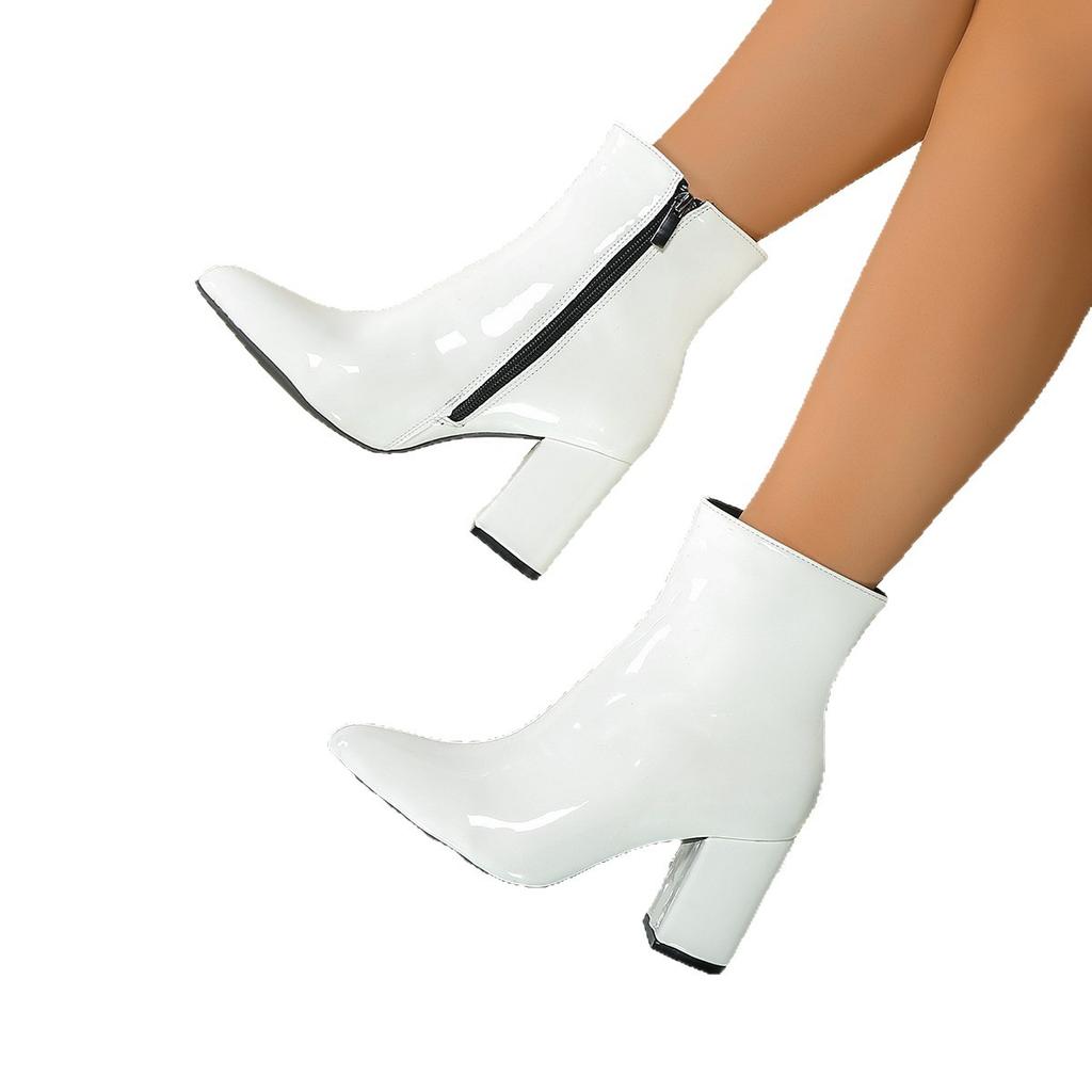 Women's Casual Faux Leather Ankle Boots Non-Slip Pointed Toe Chunky Block Heel Short Boots for Women Comfortable Low Heeled Dress Booties With Zipper