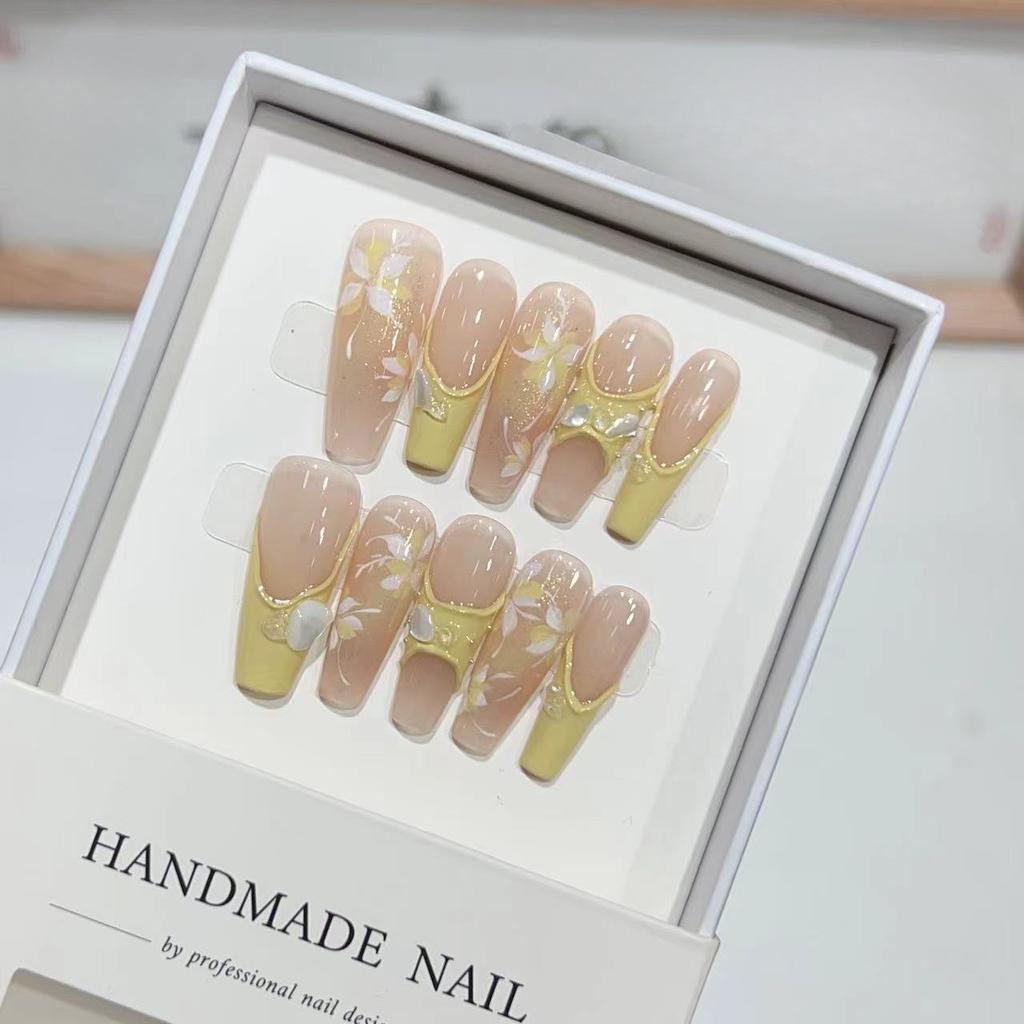 Pure Hand-wearing Nail Fake Nail Patch French Hand-painted Akiya Small Flower Shell Manicure Removable Nail Patch