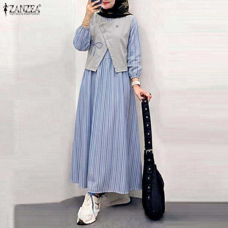 

ZANZEA Women Patchwork Casual Round Neck Long Sleeve Loose Stripe Dress 2XL синий