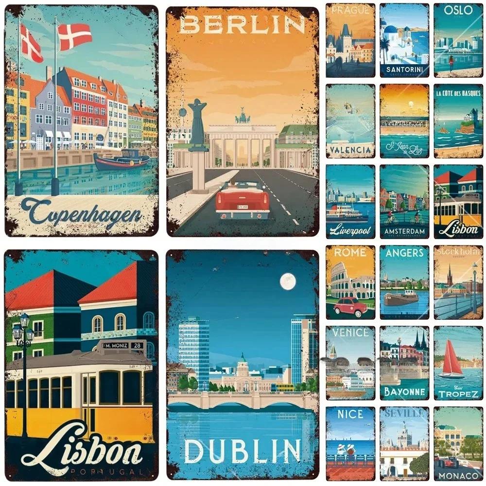 Vintage BERLIN LONDON MONACO Lissabon Stadtposter Metallschild Plakette Platte Dekor Für Werkstatt Man Cave Bar Pub Hotel Wanddeko