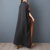 The Real Shot Is Summer Fat Mm Thin Cotton and Linen To Cover The Belly Thinness V-neck Short-sleeved Contrasting Color Splicing Black Long Dress.
