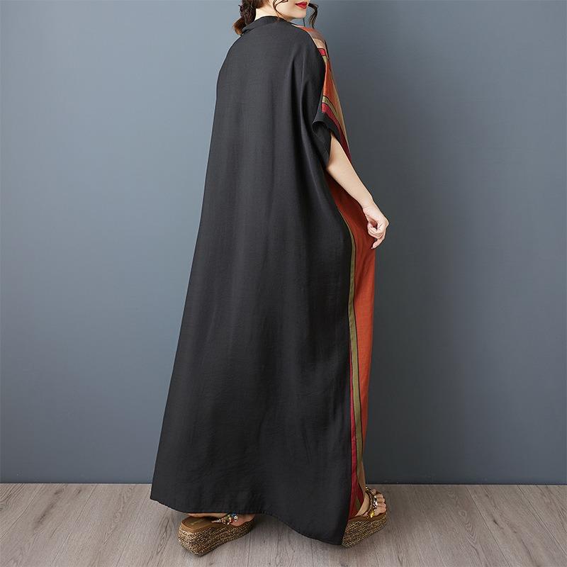 The Real Shot Is Summer Fat Mm Thin Cotton and Linen To Cover The Belly Thinness V-neck Short-sleeved Contrasting Color Splicing Black Long Dress.