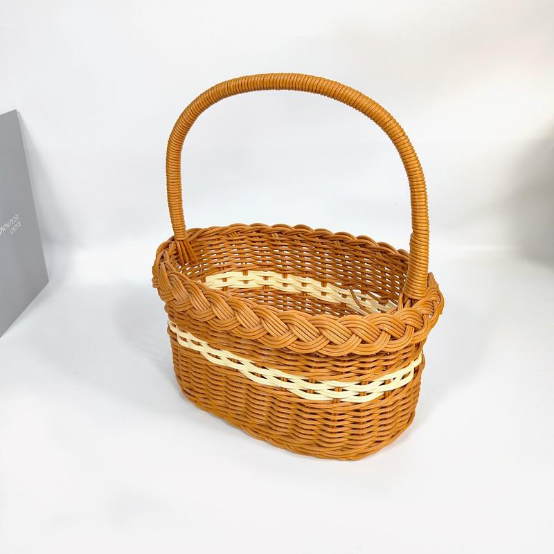 Oval Woven Handheld Picnic Basket Fruit Picking Floral Arrangement Small Storage Organizer