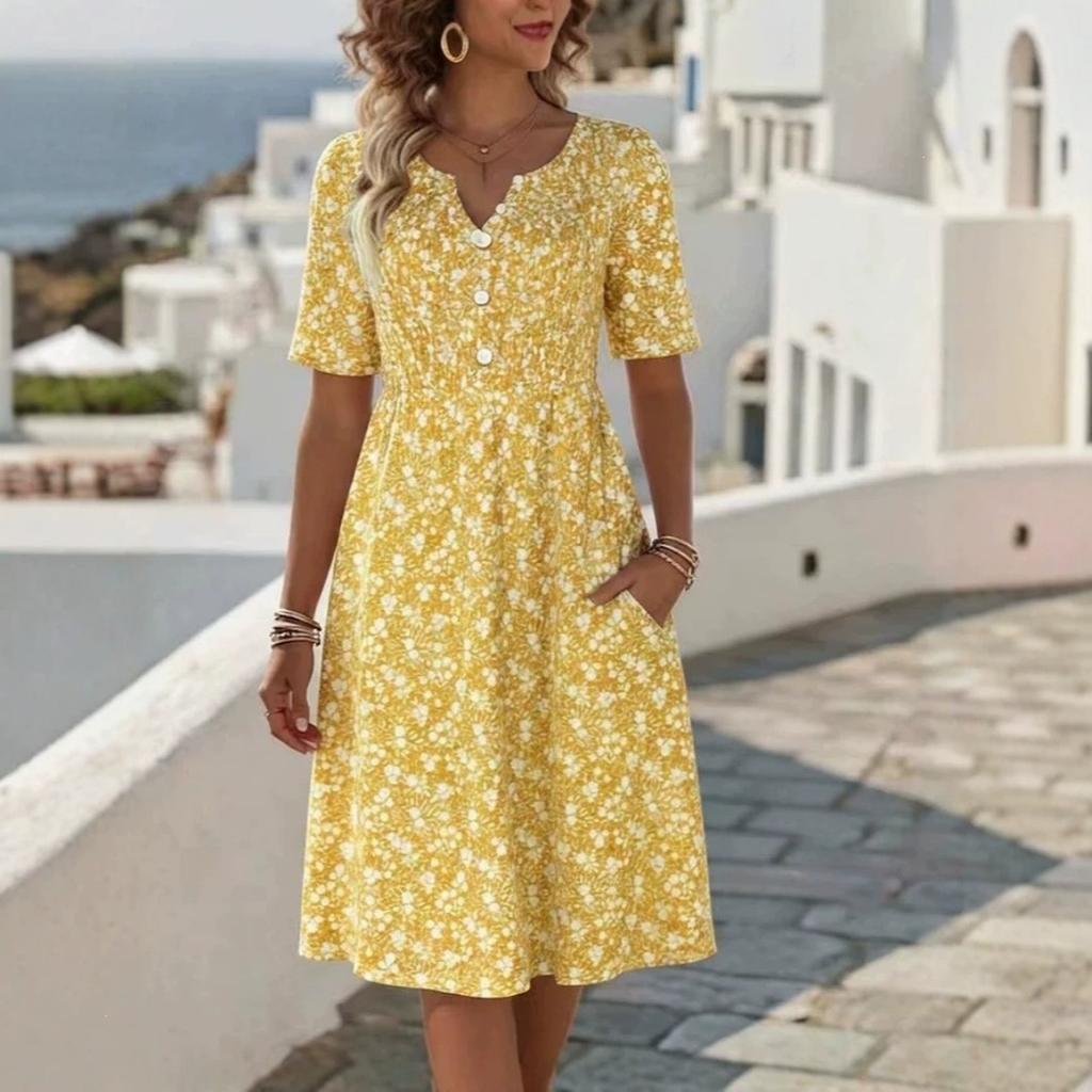 Summer New Floral Print V-neck Short Sleeve Midi Dress for Women, European Style Casual Ladies Dress