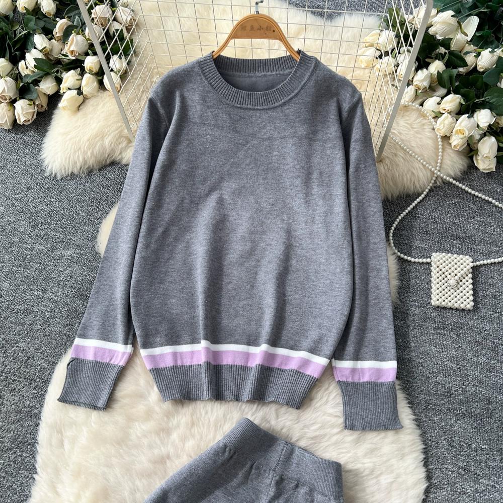 Herbst Winter Damen Lässig Gestrickter Pullover Hose Zweiteiler Langarm Pullover Oberteile und Weitbein Hose Trainingsanzug