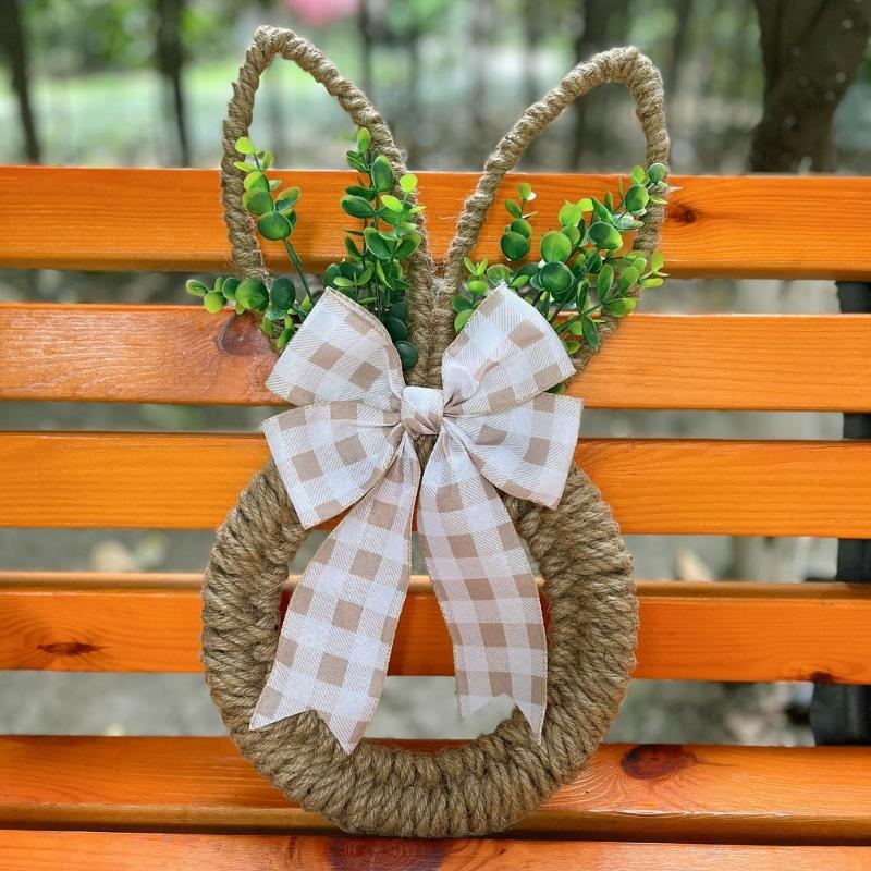 Easters Themed Florals Garlands Cartoon Rabbit Shaped Wreath for Front Door or Wall Decoration Seasonal Accessory