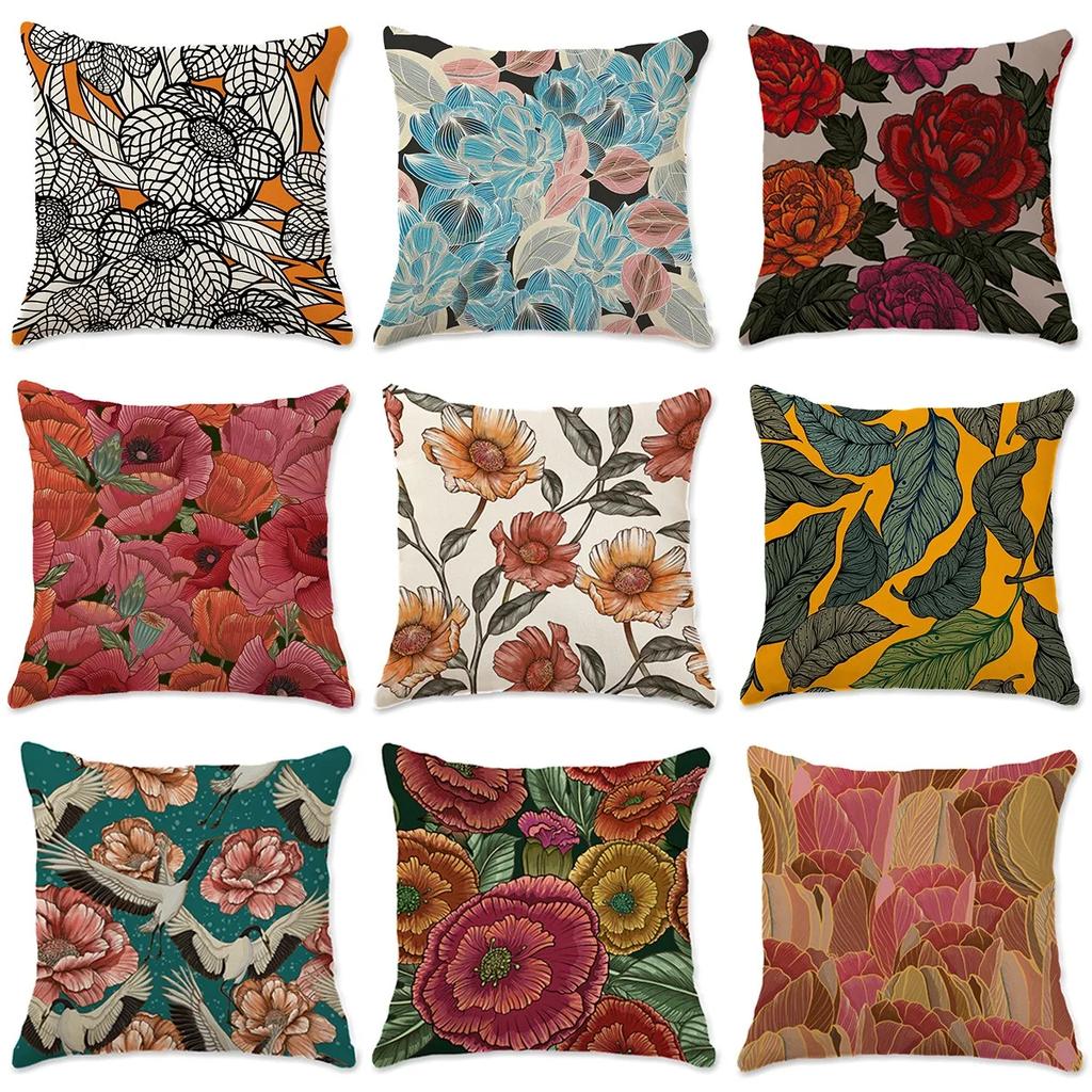 Vintage Plant Flower Style Single Side Digital Printing Bohemian Pillowcase Car Sofa Cushion Suite Bedroom Bedside Decoration