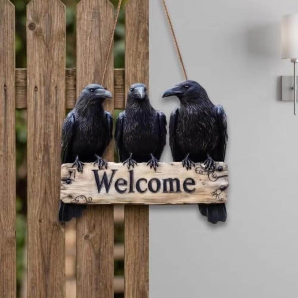 Handmade 2D Flat Welcome Sign Black Crow Pattern Hanging Tag Door Decoration