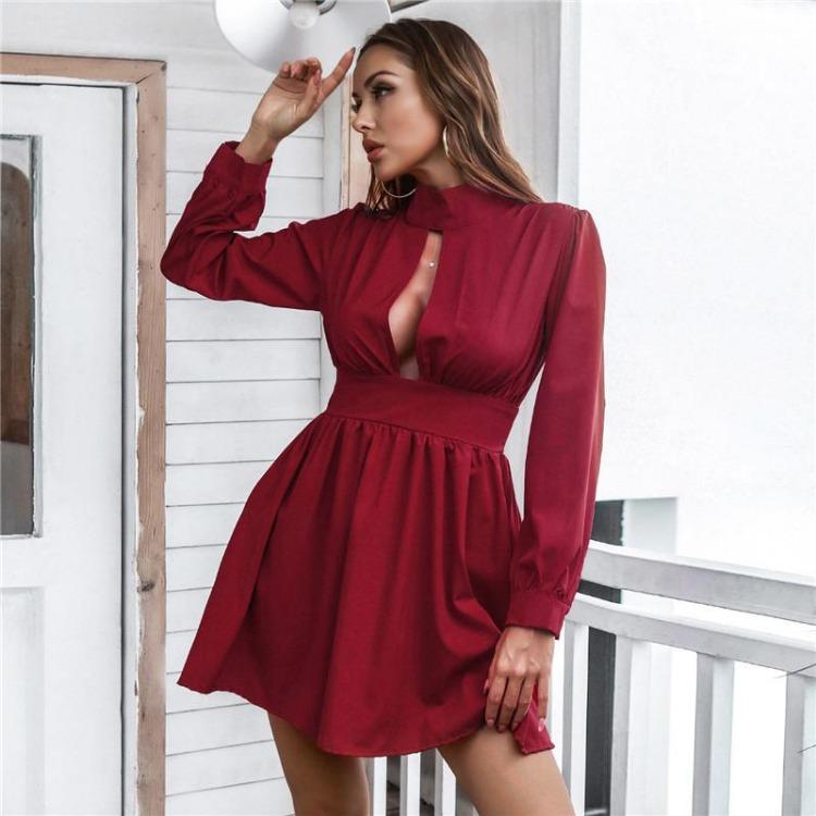 Women Summer A-Line Dress High Waist Slim Fit Stand Collar Above Knee Full Sleeve Solid Color Spring S-XL