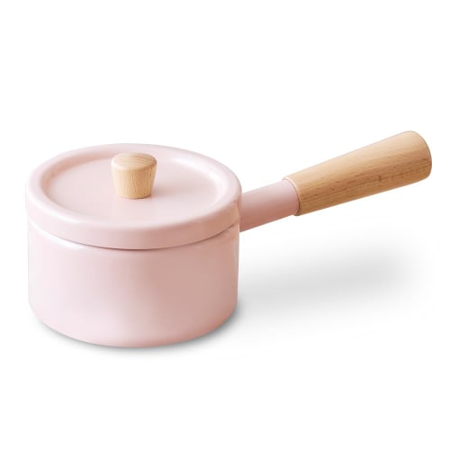 IRIS OHYAMA Milk Pan, 14cm, Light Pink, with a ceramic coating that prevents food from sticking and cleans easily.