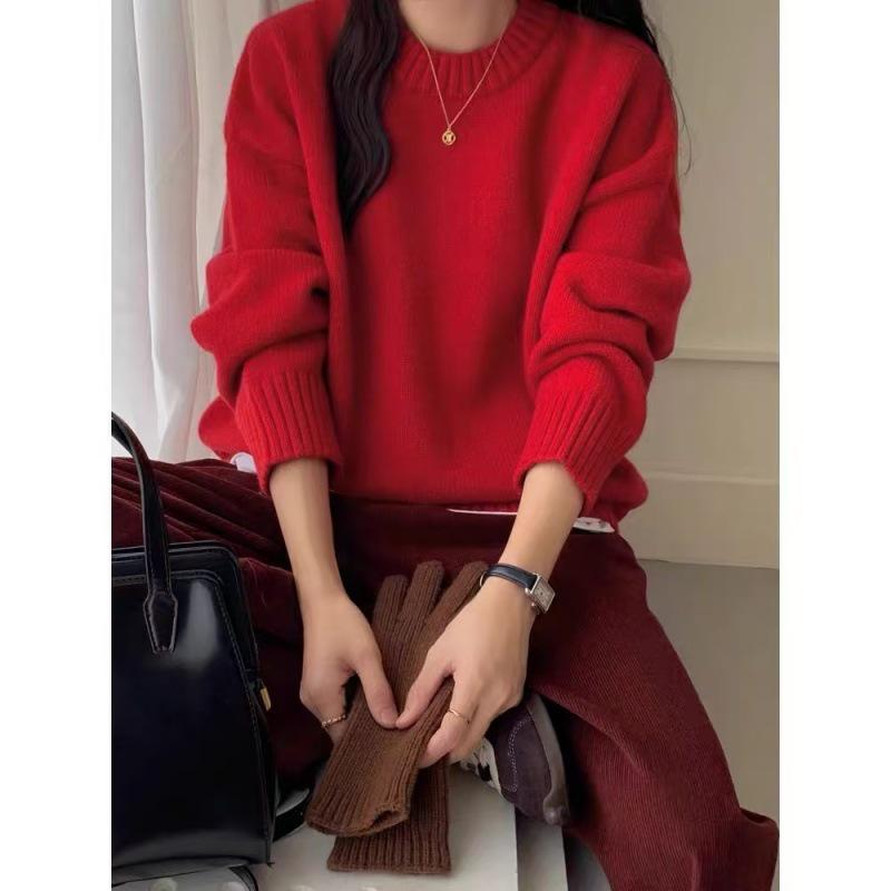 2024 Red Cashmere Knit Round Neck Sweater - Women's Warm Autumn/Winter Versatile Base Layer