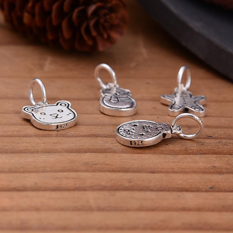 Sterling Silver Cartoon Charms: Gingerbread Man, Snowman, Teddy Bear, Light Bulb - Thai Silver Jewelry DIY Bracelet Accessories.