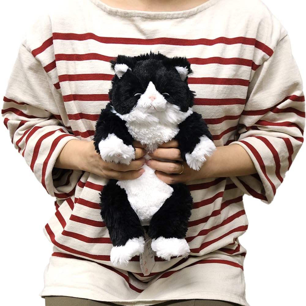 SunLemon Sleeping Lap Cat, Small, Calico, 15 x 18 x 34cm, Plush Animal, Cute Cat, White and Black, P-1393