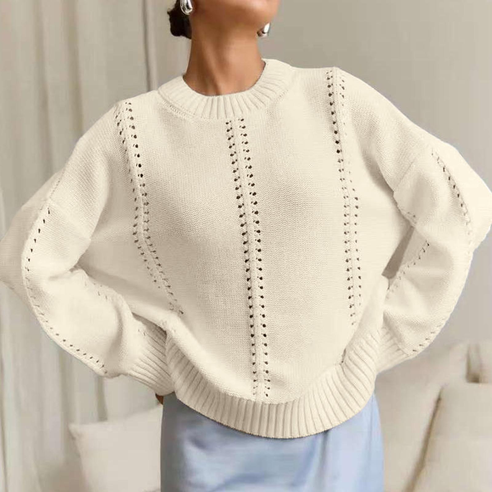 

Женский модный повседневный свободный ленивый стиль ажурный пуловер с длинным рукавом и круглым вырезом S белый