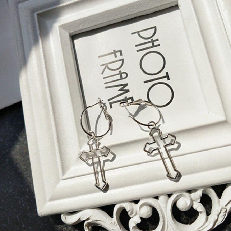 Punk Hollow Cross Pendant Dangle Earrings For Women Minimalist Silver Color Round Circle Drop Dangle Earring Ear Jewelry Gifts