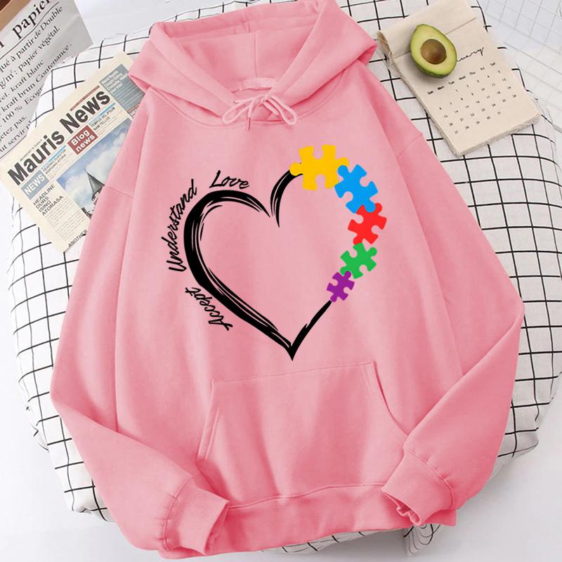 Autism Heart Accept Understand Love Print Hoodies For Women Fashion Casual Pullovers Long Sleeves Autism Mom Sweatshirts Tops