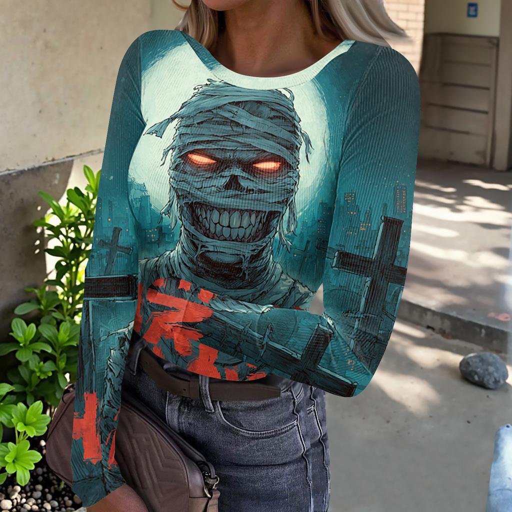 Women Casual Long Sleeve Ribbed Top Halloween Pumpkin Print Round Neck Slim Fit Stretchy Shirt