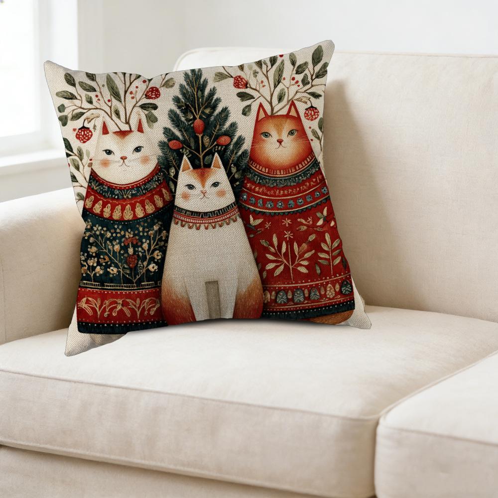 1pc Nordic Style Cushion Cover Red Green Cat Print Pillowcase For Sofa Bed Decorative Throw Case 45x45cm
